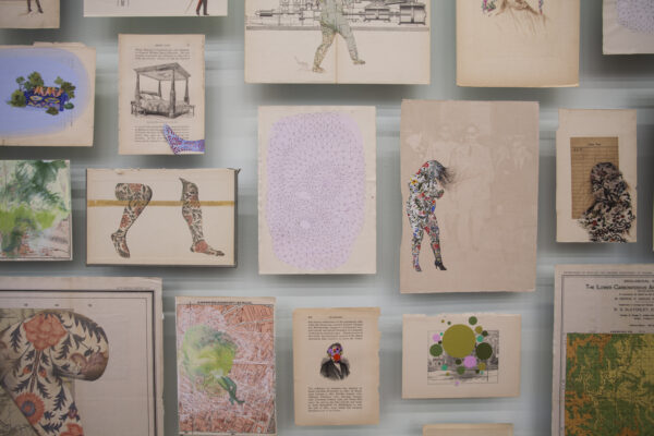 Various found pages from books with added drawings on them, mostly of heavily patterned body parts, but also dots and foliage