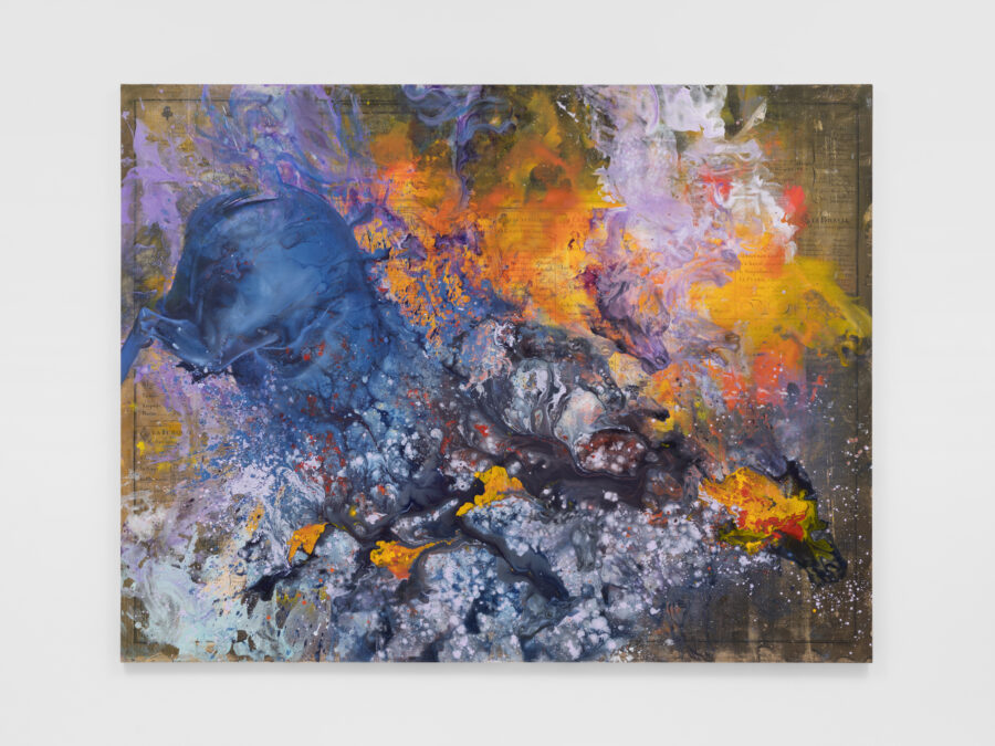 The rear end of a blue horse engulfed in thick paint that recalls fire and splashing water