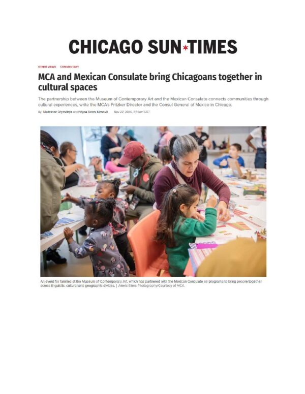 Screenshot of a Chicago Sun-Times article titled MCA and Mexican Consulate bring Chicagoans together in cultural spaces, featuring an image of adults and children working on art projects at several tables