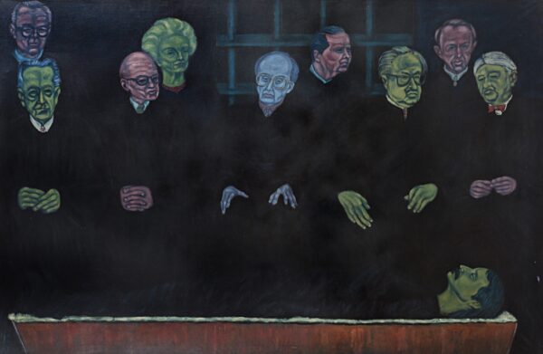 Painting of nine people dressed in black robes sitting stadium style with four in back and five in front in a dark room. Their faces are painted in Expressionist colors of pink, green, and blue