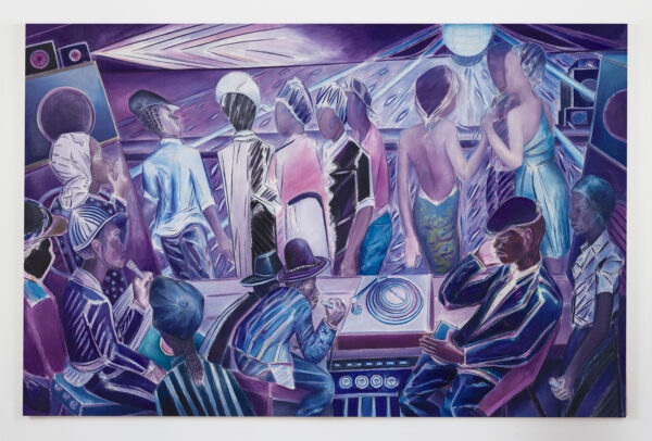 Painting of a group of people dancing under a disco ball at a nightclub with a DJ talking into a microphone as a record spins.