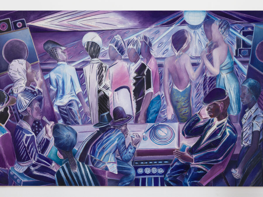 Painting of a group of people dancing under a disco ball at a nightclub with a DJ talking into a microphone as a record spins.