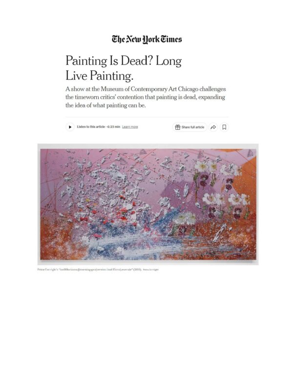 Screenshot of The New York Times's article titled Painting Is Dead? Long Live Painting. featuring an abstract artwork of white pixelated flurries against a pink and orange background