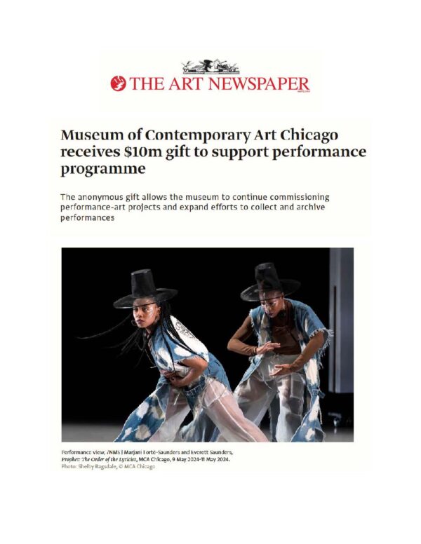 Screenshot of The Art Newspaper's article titled Museum of Contemporary Art Chicago receives $10m gift to support performance programme