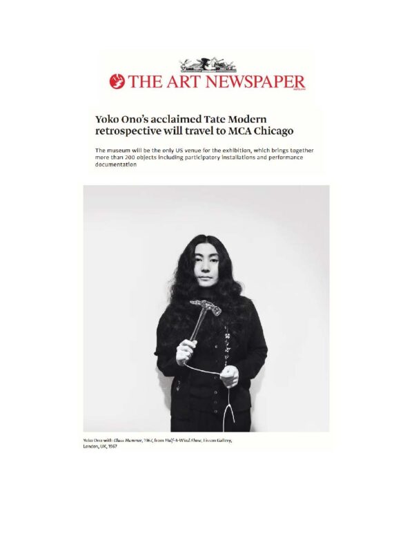 Screenshot of an Art Newspaper article titled Yoko Ono's acclaimed Tate Modern retrospective will travel to MCA Chicago featuring an image of Yoko Ono holding a hammer and string
