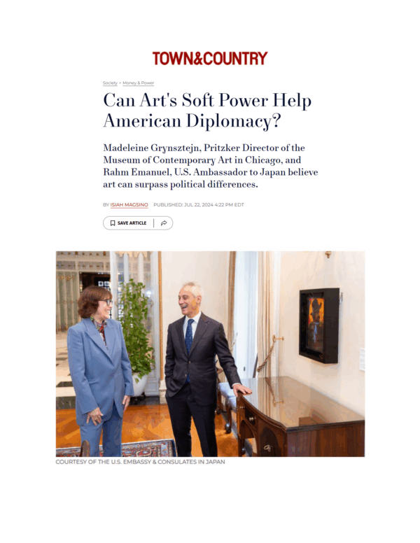 Screenshot of a Town and Country article titled Can Art's Soft Power Help American Diplomacy featuring an image of two people laughing in an office near a work of art