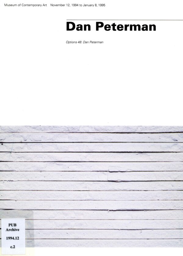 Library book cover for Dan Peterman's exhibition at the Museum of Contemporary Art Chicago featuring an image of slates of white boards on the bottom half of the cover