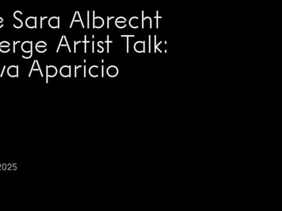 White text on black reads The Sara Albrecht Emerge Artist Talk, Selva Aparicio, Oct 21, 2025