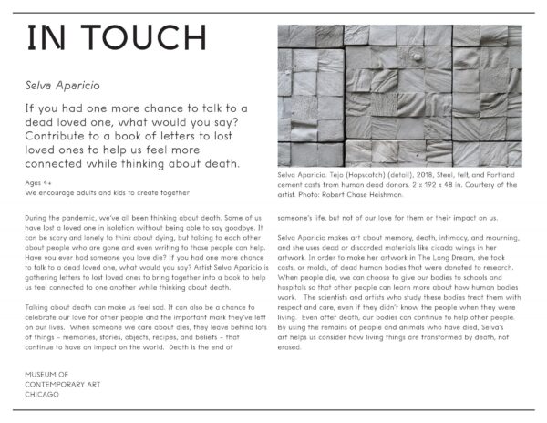 Two columns of text under the title In Touch with an image of a grid of grey squares of various textures