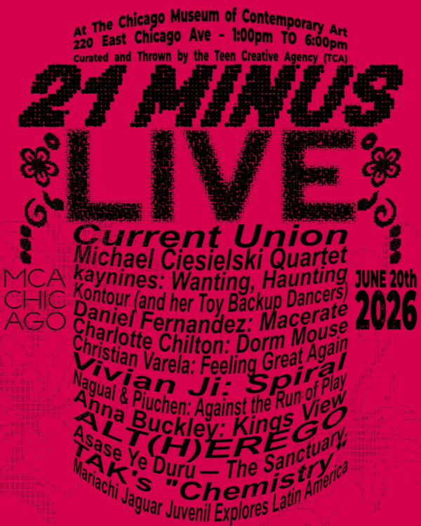 Red poster announcing 21Minus Live with a list of artists included.