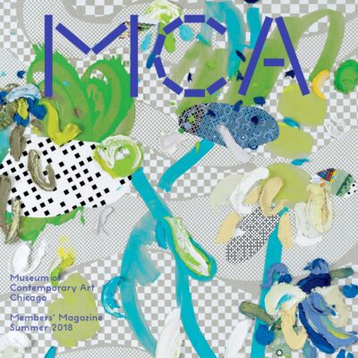A colorful collage of blue and green paint squirts against a grey and white grid provides a background from the MCA Members' magazine summer 2018 issue