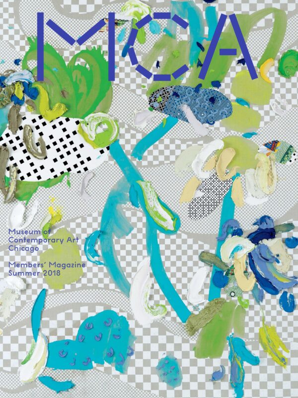 A colorful collage of blue and green paint squirts against a grey and white grid provides a background from the MCA Members' magazine summer 2018 issue