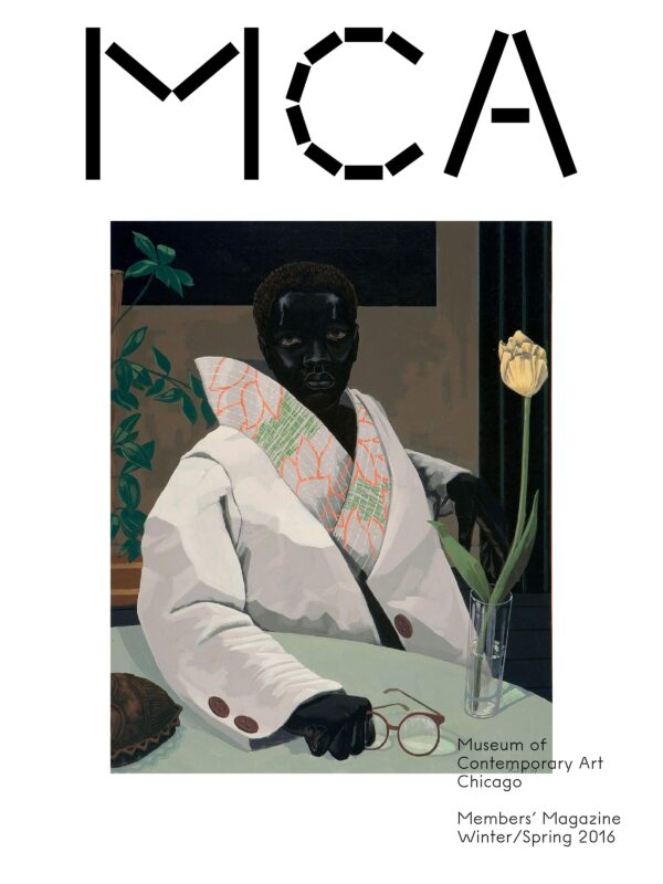 The MCA members magazine cover featuring a painting of a person in a white suitcoat and pastel scarf sitting in a dark room at a table with a tulip on it holding their glasses
