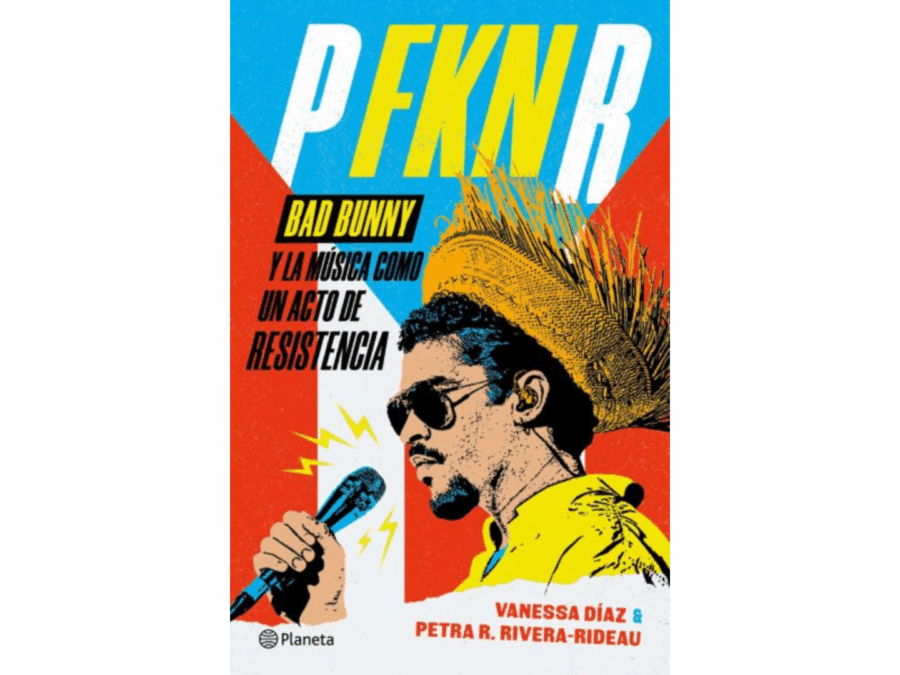 This image is a stylized book cover featuring a person in profile holding a microphone. The background is colorful with red and blue triangles. Large letters at the top spell 