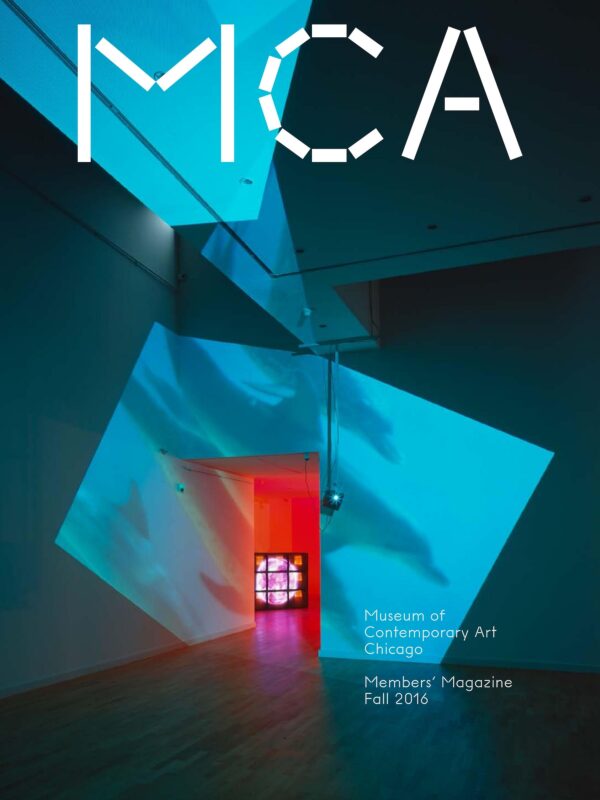 Cover of the MCA Members' Magazine for Fall 2016 featuring a dark gallery space with blue squares projected onto it near a door to a room lit burnt orange