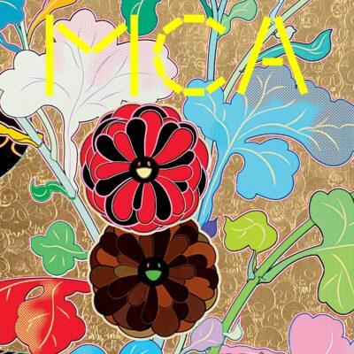 Vertical rectangle featuring colorful flora against a muted gold background of skulls with the letters MCA in yellow at the top