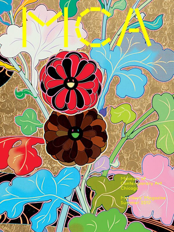 Vertical rectangle featuring colorful flora against a muted gold background of skulls with the letters MCA in yellow at the top