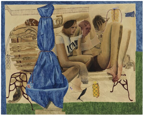 Painting of two people curled up on a park bench captured in muted tones of tans and blacks. A tall, wrapped bright blue object appears in the foreground.