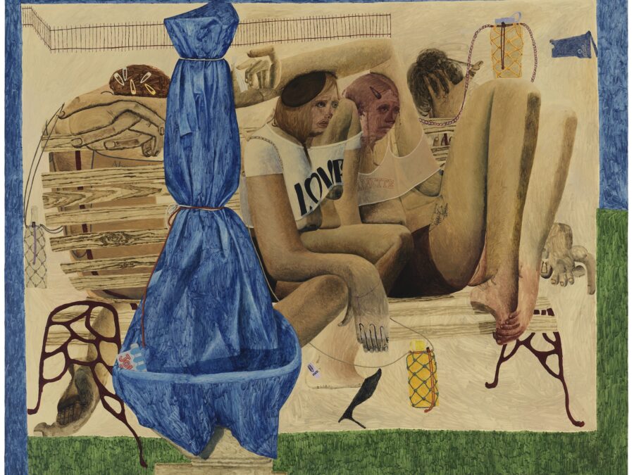 Painting of two people curled up on a park bench captured in muted tones of tans and blacks. A tall, wrapped bright blue object appears in the foreground.