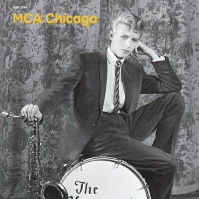 MCA Chicago magazine cover featuring a vintage photograph of David Bowie posing on a kick drum labeled The Kon-rads while resting his right hand on a saxaphone