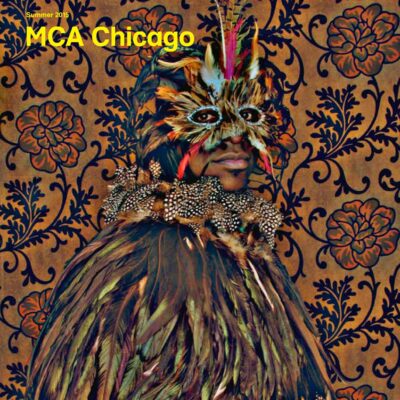 MCA Chicago magazine cover featuring an artwork of a person dressed in a full bird suit almost blending into an elaborate floral patterned wallpaper. The whole scene is mostly in dark earth tones