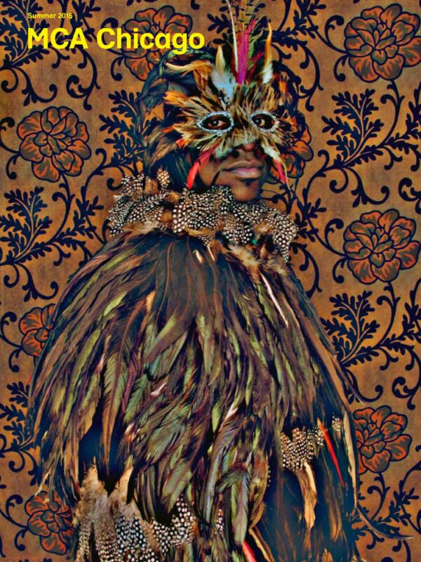 MCA Chicago magazine cover featuring an artwork of a person dressed in a full bird suit almost blending into an elaborate floral patterned wallpaper. The whole scene is mostly in dark earth tones