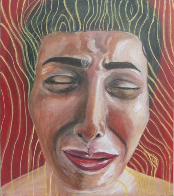 Portrait painting of a person scrunching up their face as if about to cry. The background and their hair feature lines that recall wood grains.