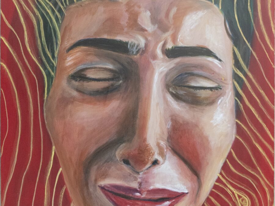 Portrait painting of a person scrunching up their face as if about to cry. The background and their hair feature lines that recall wood grains.