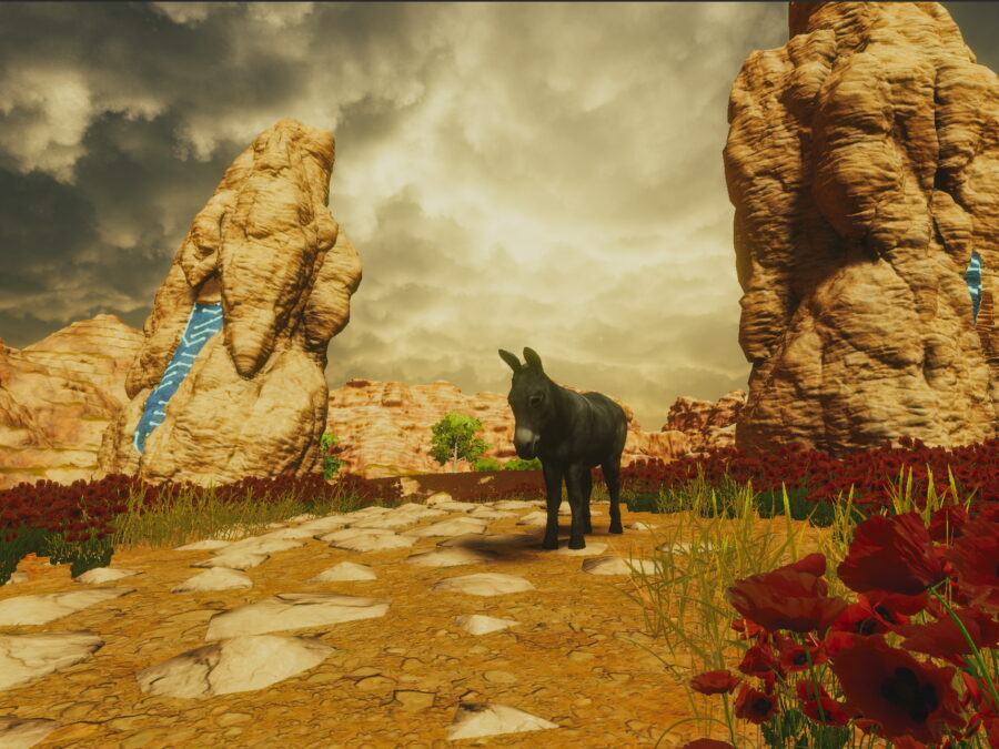 A lone 3D donkeys stands on a stone path in a beautiful field of poppies between two ancient rocky pillars.