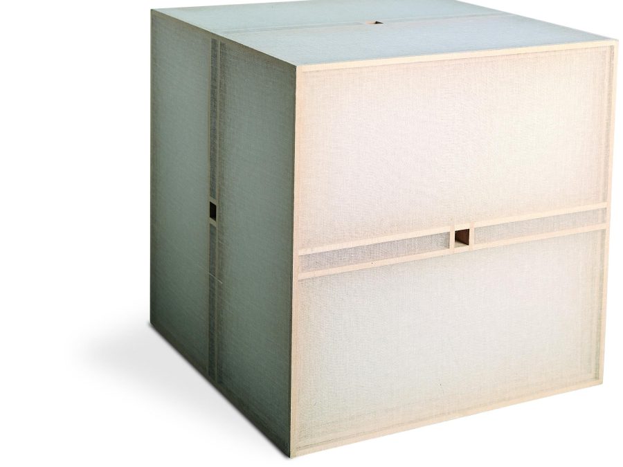 A wooden cube with small square cut outs in the middle of each side.