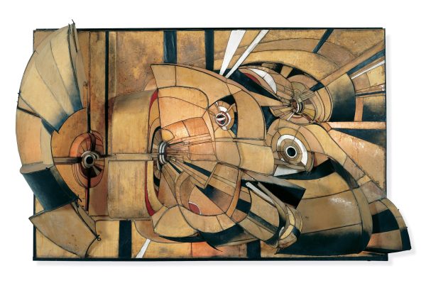 Wall hung three dimensional artwork composed of various earth-tone and black panels of various shapes and sized seamed together like a quilt.