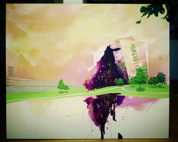 Watercolor of a dark purple mountain reflected in a body of water at sunset