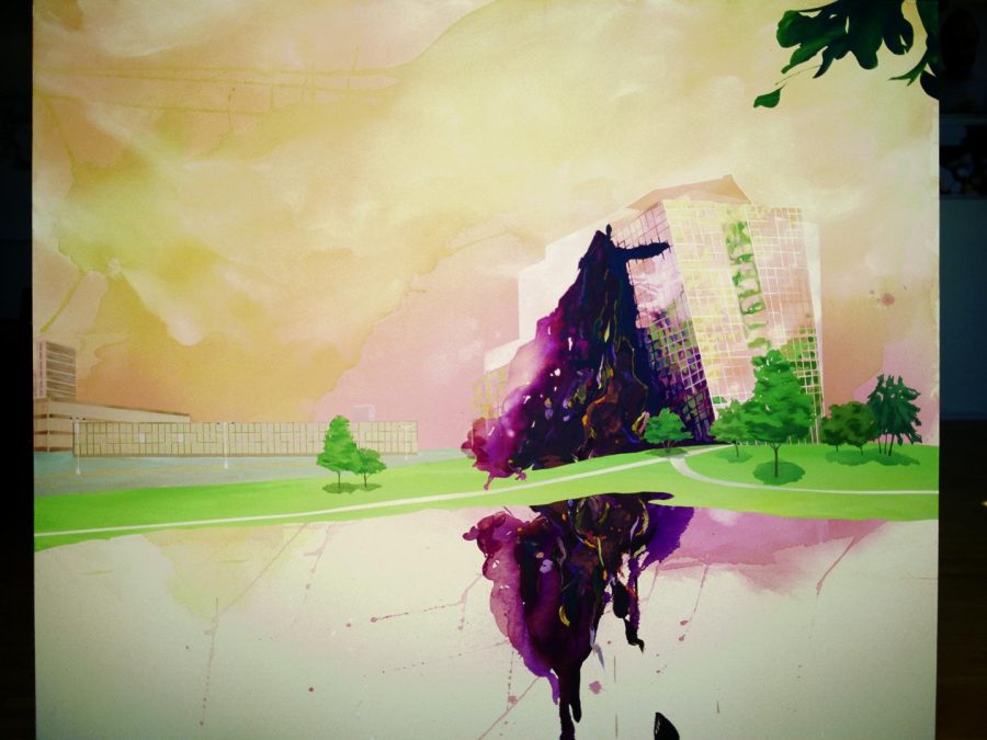 Watercolor of a dark purple mountain reflected in a body of water at sunset