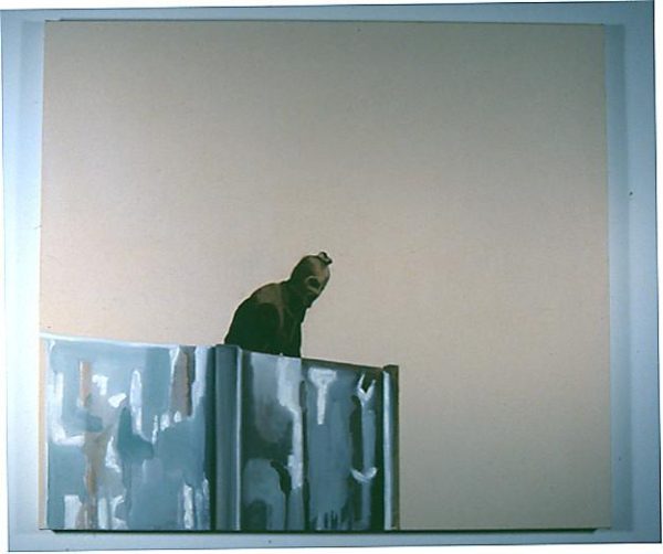 Painting of a person looking over a glass balcony with no background to give the image context