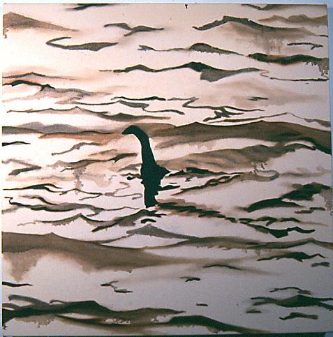 Brown-hued painting of the loch ness monster in a body of water
