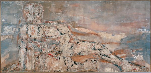 A loosely painted, almost abstract image of a person lying down, supporting their upper torso with their right arm. The colors are pale pinks, blues, tans, and off-white