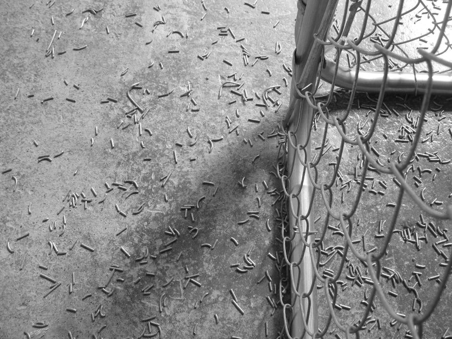 A black-and-white photograph shows small pellets on a concrete ground with a chain link fence on your right.