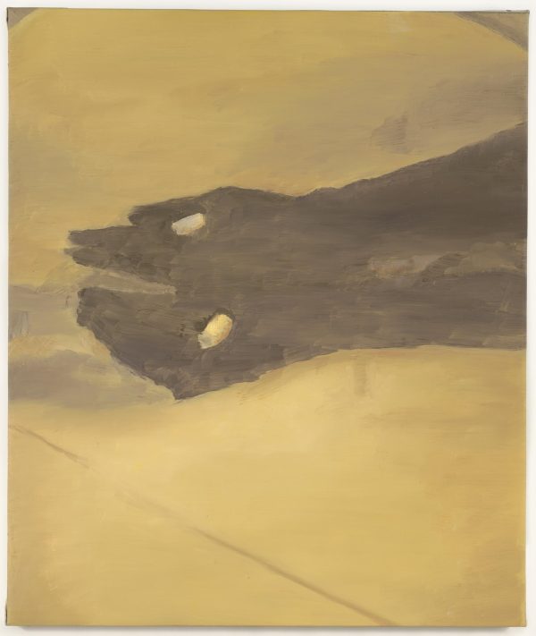 Painting of two dark brown hands holding pieces of chalk against a yellow background