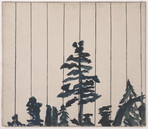 Black outlines of trees painted on a white background lined in nine columns