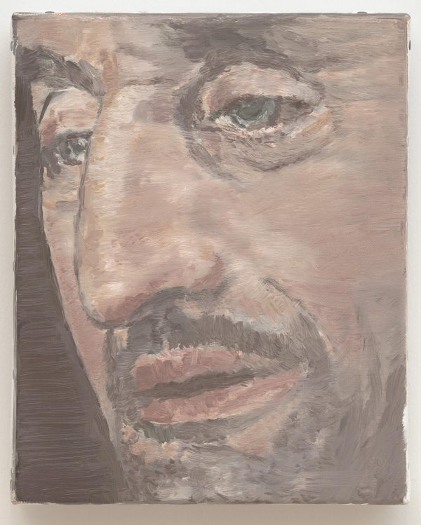 A close-up painting shows a light-skinned person's face with a dark mustache.