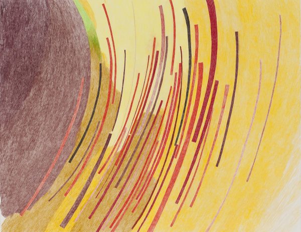 A drawing shows several slightly curved lines in various shades of red and pink on a yellow and brown background.