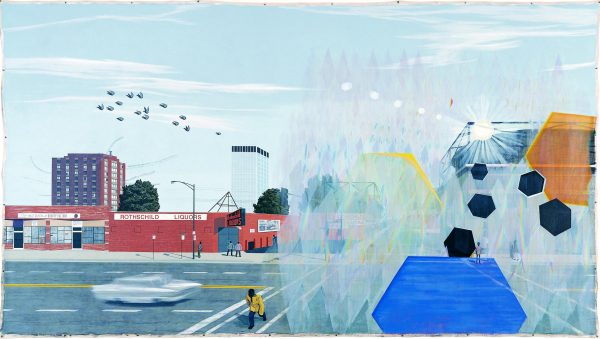 A colorful landscape painting shows a city intersection.