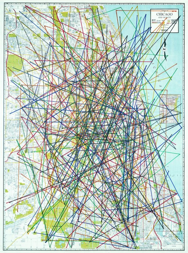 A map of the Chicagoland area is crisscrossed by many dozens of multi-colored marker lines.