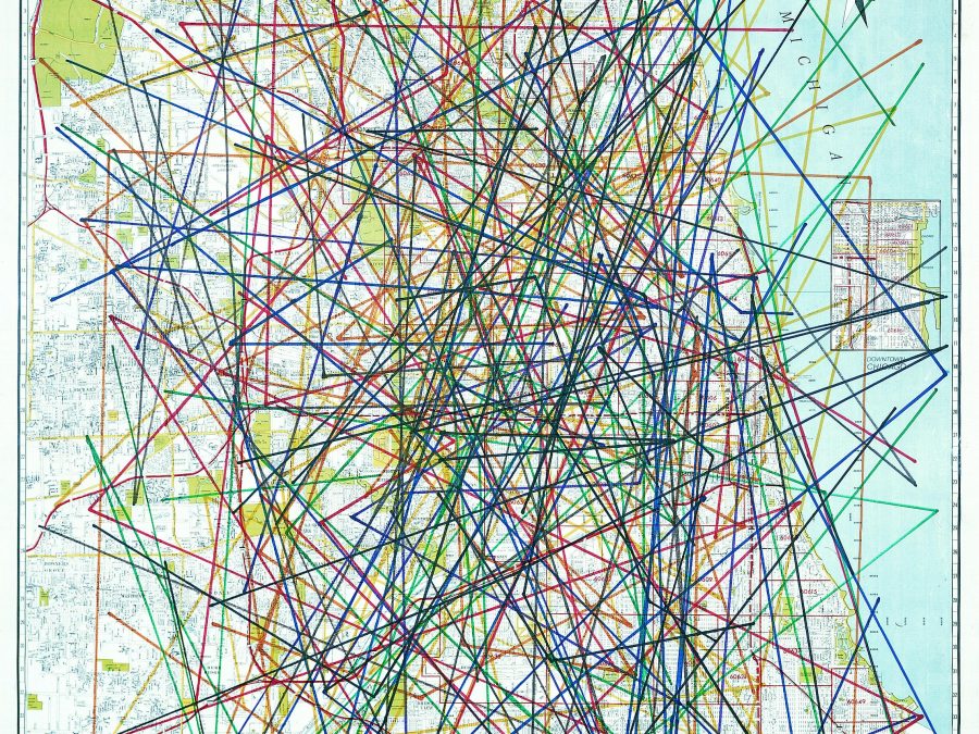 A map of the Chicagoland area is crisscrossed by many dozens of multi-colored marker lines.