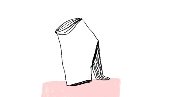 Drawing of a high heel–like object on a light pink pedestal
