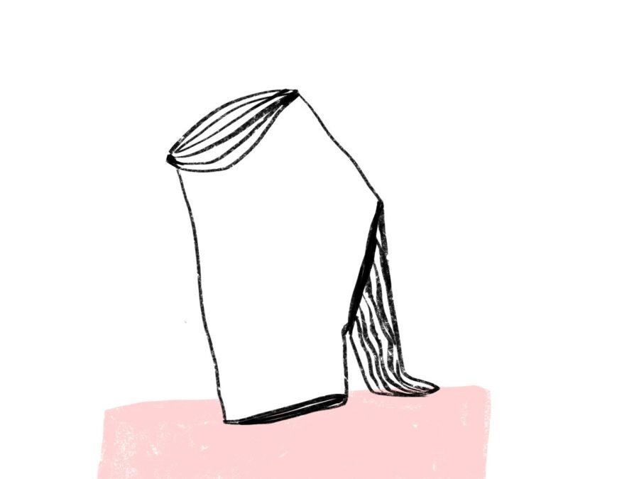 Drawing of a high heel–like object on a light pink pedestal