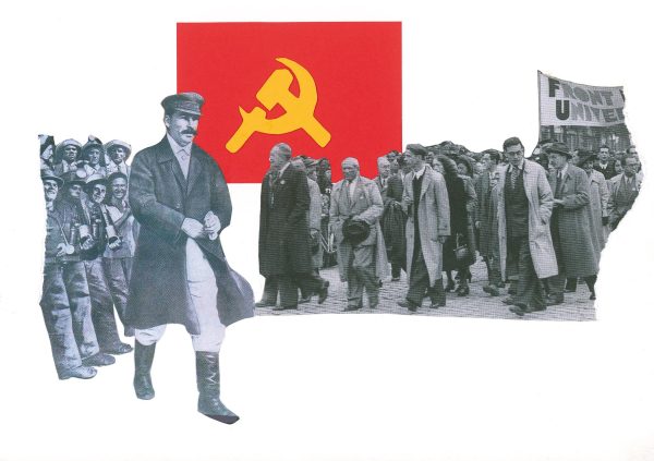 A collage image features Joseph Stalin walking, a group of soliders smiling, and a crowd of people marching, carrying sign—all juxtaposed against the red and yellow Communist flag.