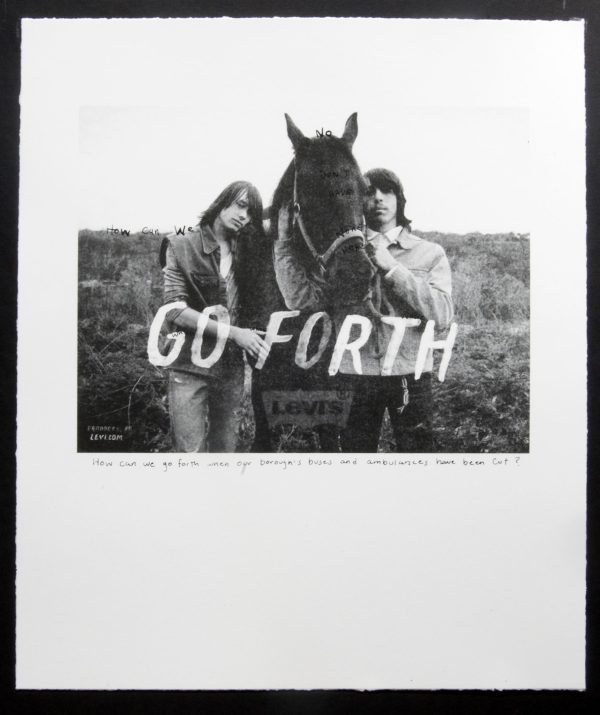 Two long-haired people stand on either side of a horse. The words 
