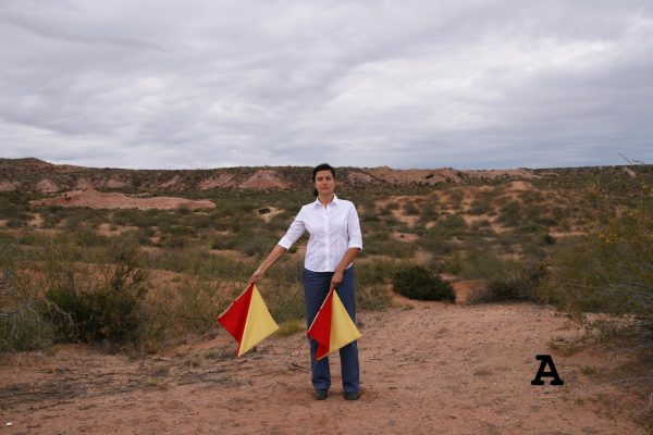 A person stares at the viewer while holding two flags in the desert.