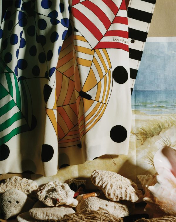 Seashells in front of a hanging piece of striped and polka dot fabric